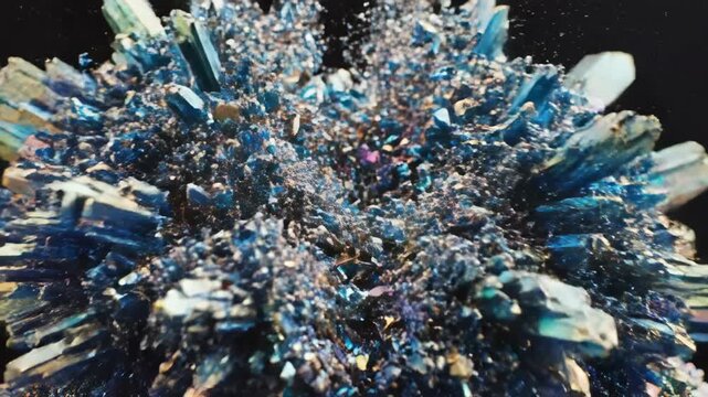 Extreme slow motion close-up of vibrant iridescent crystal structures rapidly growing and instantly shattering into countless microscopic shards slow motion, iridescent, conceptual
