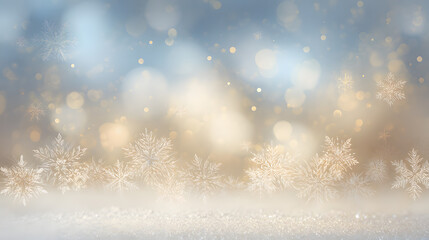 Elegant winter background featuring delicate snowflakes and soft bokeh lights creating a serene and festive atmosphere.