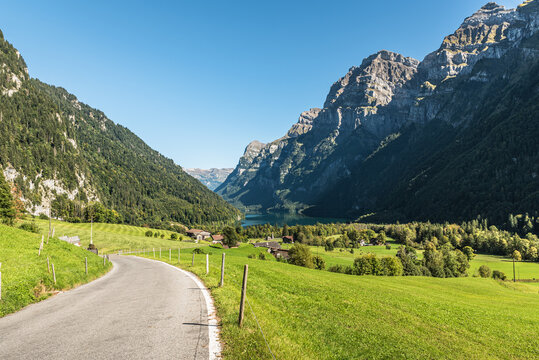 Pragelpass road with scenic view of Kloentalersee (Lake Kloental), Canton of Glarus, Switzerland