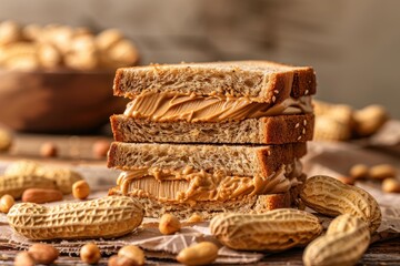Obraz premium Creamy peanut butter filling whole wheat bread slices, making a delicious sandwich surrounded by peanuts in their shells