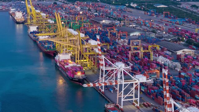 Timelapse unloading Cargo container box to Trucks in Shipyard Cargo Container Sea Port Freight forwarding service logistics and transportation. International Shipping Depot Custom Port import export