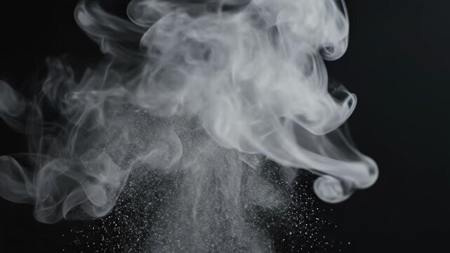 Extremely slow dispersion and expansion of fine gray particulate smoke across a completely empty abstract dark studio background gray, Extremely, mist