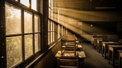 Sunlight Streaming Through Old Wooden Window Frame in Classroom