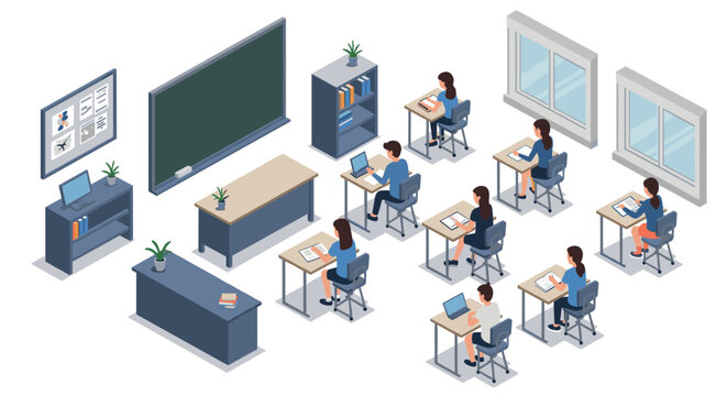 Isometric classroom design: students working on laptops in modern education setting
