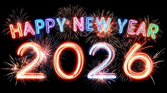 Embrace the excitement of the New Year with this vibrant image of colorful fireworks and illuminated text saying 'Happy New Year 2026', perfect for celebrations and parties.