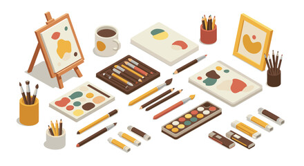Isometric art supplies set with paints, brushes, and sketchbooks on a white background