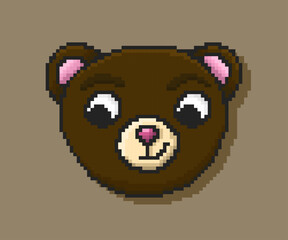 Pixel bear face illustration. Cute brown bear head. 8-bit animal icon