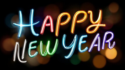 A vibrant neon sign displaying 'Happy New Year' in luminous colors, symbolizing celebration and new beginnings, perfect for festive occasions and holiday promotions.