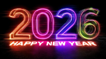 A vibrant and colorful display celebrating the arrival of the New Year 2026. The bright neon numbers and festive typography create an exciting atmosphere for celebrations.