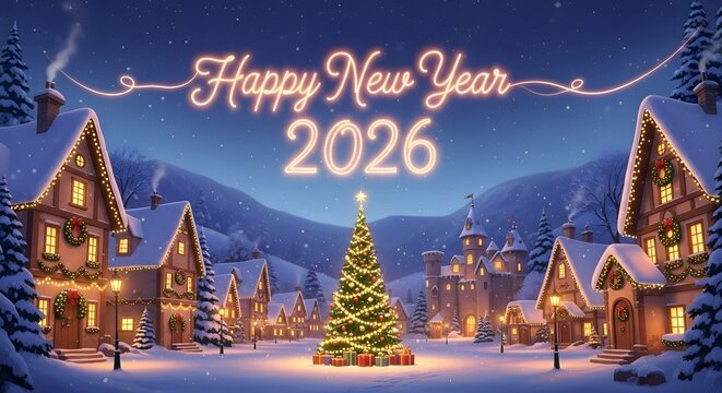 Happy new year celebration winter christmas holiday scene snow village landscape festive greetings card art