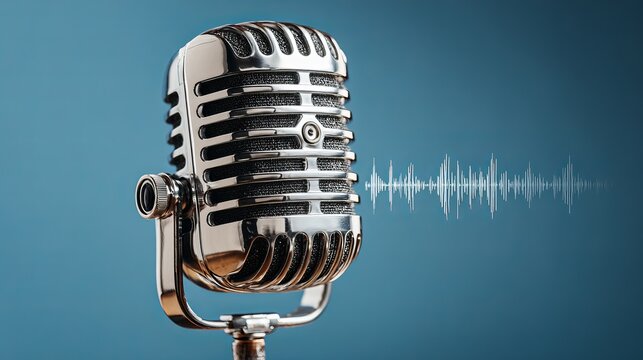 Capture stunning audio with a vintage microphone for your next podcast or broadcast, featuring a dynamic sound wave on a modern blue backdrop