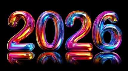 A vibrant representation of the year 2026 with colorful, glossy digits reflecting light