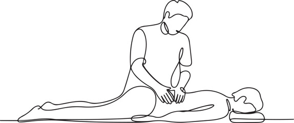 One continuous single drawing line art flat doodle osteopath, back, doctor, person, adult, physical therapist, physical therapy, massaging, recovery. one line Icon drawing