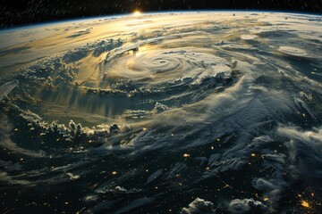 Fototapeta premium Powerful hurricane eye forming over planet earth during sunrise, seen from space