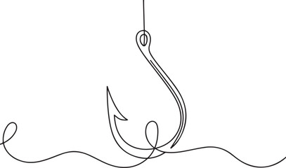 Fishing hook line continuous drawing vector. One line Hook vector background. fisherman's equipment icon. one line Icon drawing