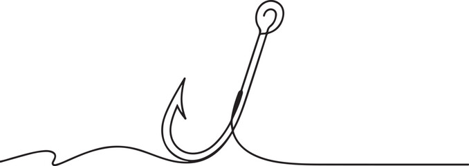 Fototapeta premium Fishing hook line continuous drawing vector. One line Hook vector background. fisherman's equipment icon. one line Icon drawing