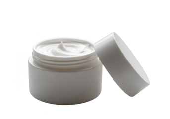 Open white cosmetic jar with creamy moisturizer or skin care product inside, isolated on transparent background