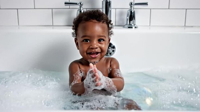 Joyful toddler splashing and playing in bathtub with bubbles and soap in