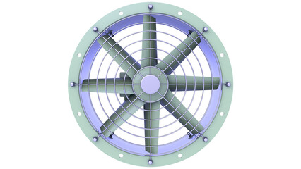 Obraz premium Industrial Fan - with cover. Inside the housing there is an electric motor. Front view. 3D rendering isolated on white background. Ideal for professionals, educational, engineering, industrial design