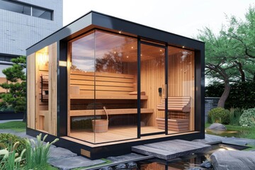Naklejka premium Luxurious sauna made of glass and wood in a peaceful garden setting, offering a tranquil wellness experience