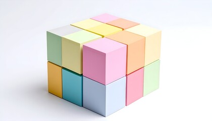 A 3D cube constructed of colorful rectangular blocks, pastel shades, white background
