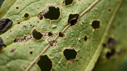 turbo. Close-up of a moth-eaten leaf showing intricate hole patterns and natural decay on its textured surface. gardening catalogs, home-decor guides, designed for gardening and botanical catalogs.