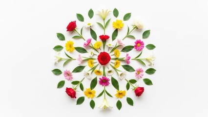 Floral mandala design with vibrant roses and leaves on white background