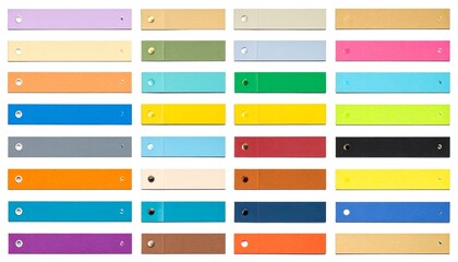 42 colored rectangles in rows, each with a hole and decorative stud, against white