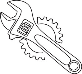Continuous line drawing of wrench with gears. One line of mechnical wrench. Worker tool concept continuous line art. Editable outline. one line Icon drawing