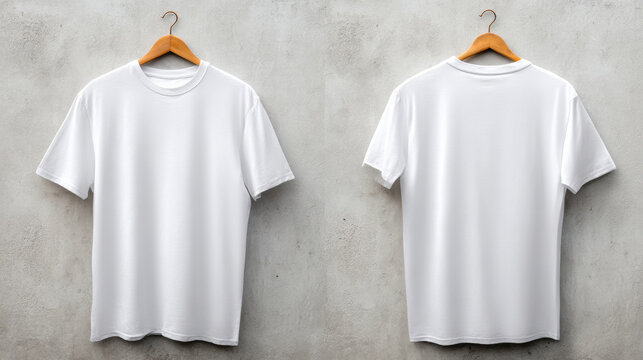 Blank white t-shirt shown from front and back on a wooden hanger. A clean white t-shirt is displayed from both the front and back views. perfect for design mockups.
