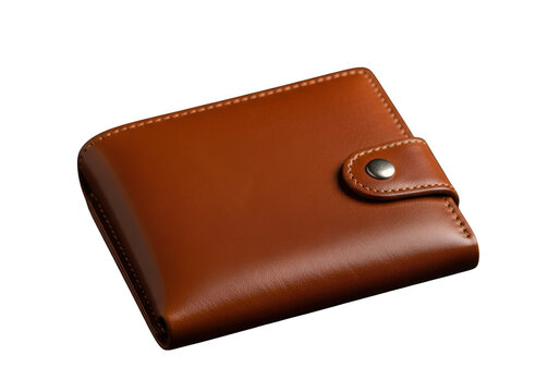 A classic brown leather bifold wallet with a snap closure, isolated on transparent background