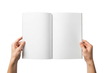 Two hands holding open a blank white magazine or book with empty pages isolated on transparent background