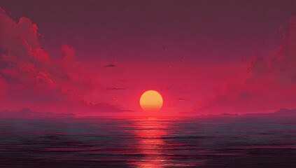 Vibrant crimson sky illuminates a tranquil ocean surface reflecting the glowing sun at dusk creating a breathtaking natural spectacle