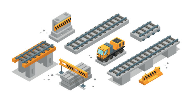 Isometric construction elements with train tracks and safety barriers
