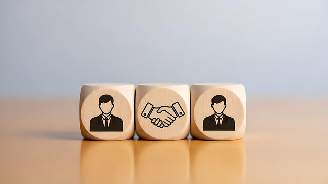 Strategic alliance handshake deal icons on wooden blocks representing partnership, teamwork, agreements, and collaboration for successful business ventures