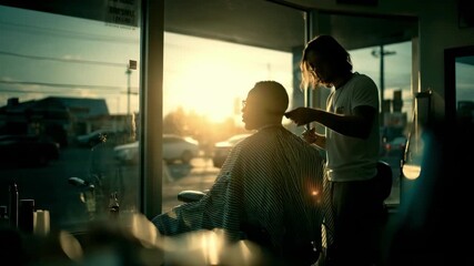 Barber trims a seated client inside a sunlit shop warm glow from windows, focused moment. near glow