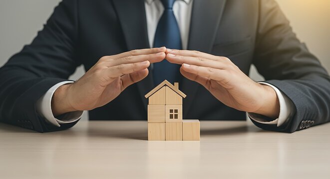Agent Providing Security for Miniature Wooden House. Symbolizing Real Estate Asset Management, Housing Market Stability, and Tenant Rights Protection