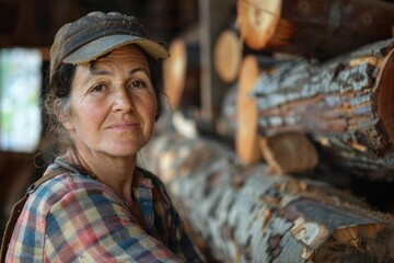 Confident lumberjack woman wearing a cap and suspenders is posing in a wood shed