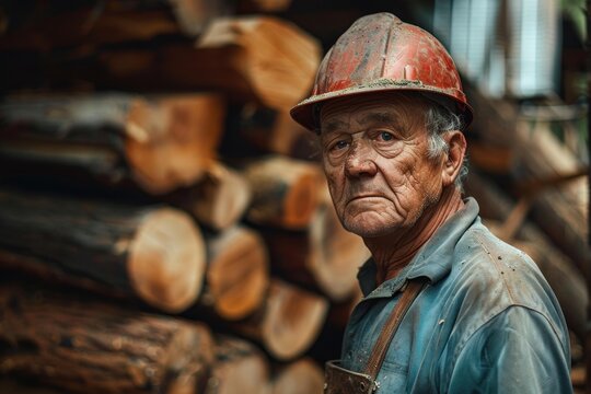 Senior logger wearing protective hardhat posing in front of pile of logs