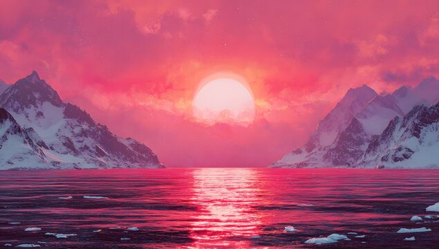 Vibrant sunset illuminates snow capped mountains reflecting on a calm icy waterway with pink and orange hues - Powered by Adobe