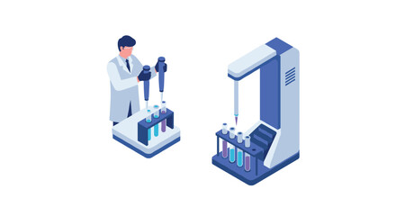 Scientist using laboratory equipment and automated machine in isometric style