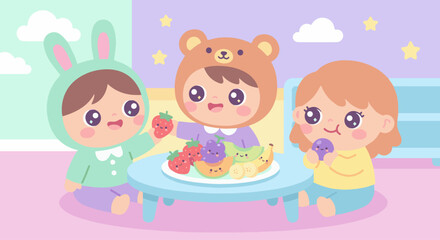 “Adorable kawaii kids sharing fruit snacks at a small pastel table, big eyes, round shapes, happy and friendly mood.” flat vector style solid colour