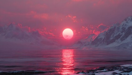 Vibrant orb of celestial radiance illuminates a serene water body amidst majestic snow capped peaks