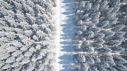 Winter wonderland: snowy forest road aerial view