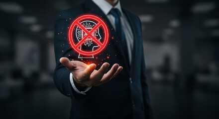 Restricting Artificial Intelligence Man in a suit presenting a hologram of a forbidden AI chip, highlighting the debate on technology ethics