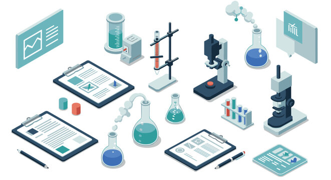 Isometric laboratory equipment setup with chemistry and research tools