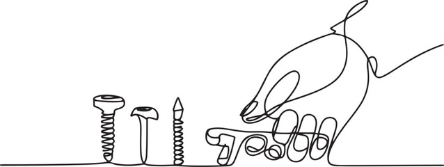Screw, nail, bolt one line art. Continuous line drawing of repair, professional, hand, people, concept, support, maintenance, Bolt continuous one line drawing vector. one line Icon drawing