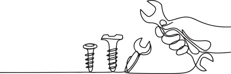 Fototapeta premium Screw, nail, bolt one line art. Continuous line drawing of repair, professional, hand, people, concept, support, maintenance, Bolt continuous one line drawing vector. one line Icon drawing
