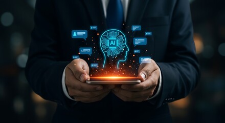 Innovative AI technology concept with human head silhouette and circuit board patterns over a mobile phone held by a professional in a suit