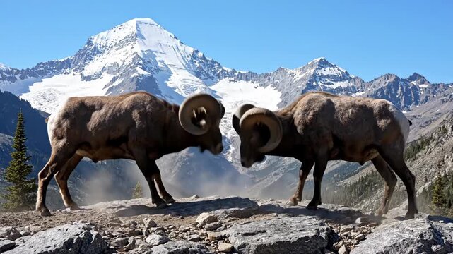 Two powerful bighorn rams clash in a stunning mountain landscape. Their intense head-butting creates a dramatic wildlife spectacle.